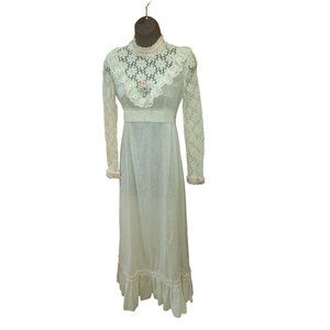 Vintage 70's Prairie Lace Swiss Dot Boho Maxi Dress-Small